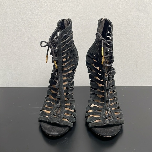 Sam Edelman Black Suede High-Heeled Gladiator Sandal 6.5 Lace Up Back Zipper - Picture 3 of 12